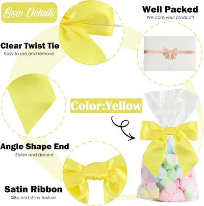 Yellow Satin Bows 4.5" Pre-Tied Yellow Twist Tie Bows for Treat Bags Light Yellow Ribbon Bows for Crafts Premade Bows for Gift Wrapping Wedding Decor Baby Shower Party Favors - 36 PCs