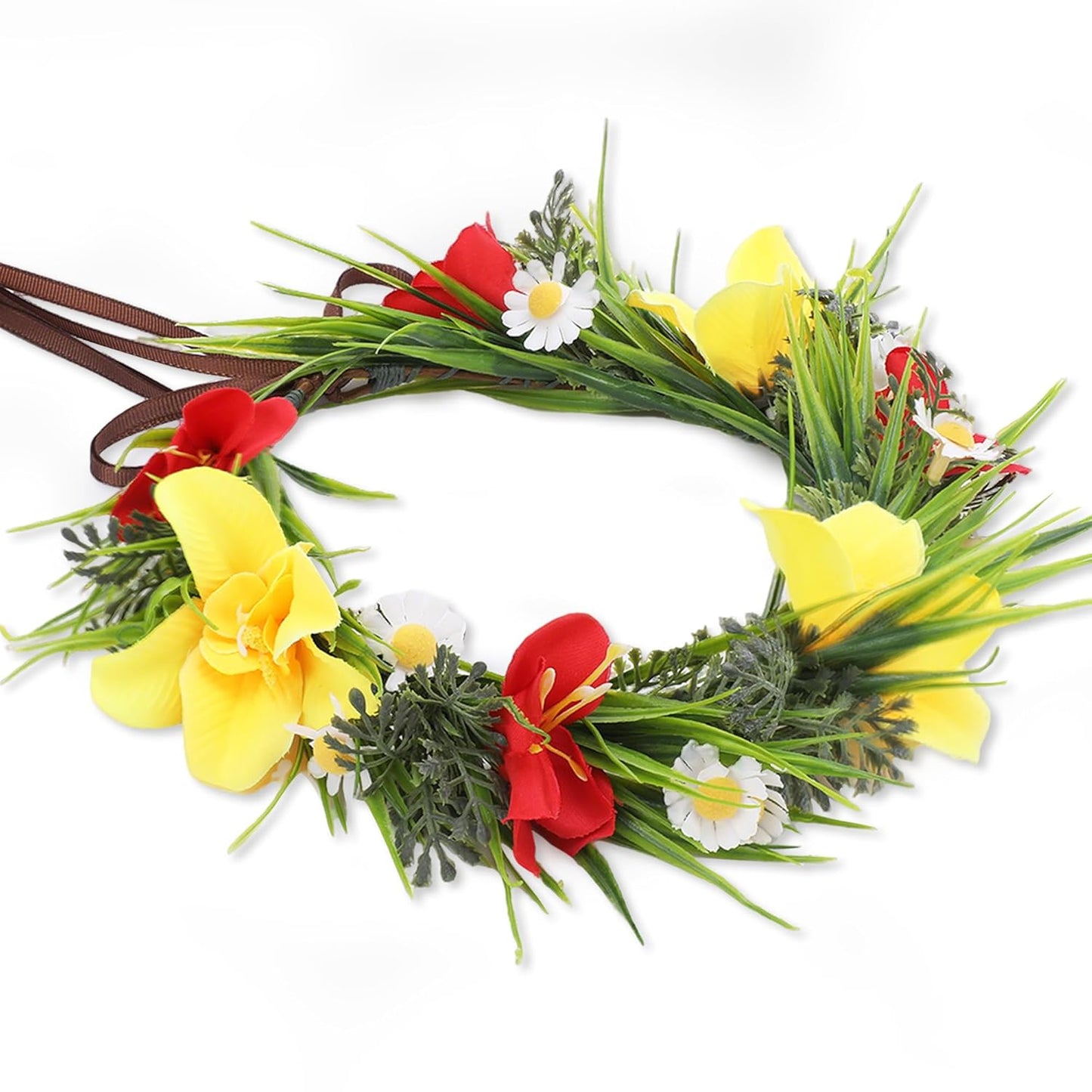 Hawaiian Flower Crown, Red Yellow Hawaii Floral Headpiece | Artificial Tropical Daisy Flower Headband with Ribbon, Women Summer Beach Hula Dance Costume Party Favors Supplies