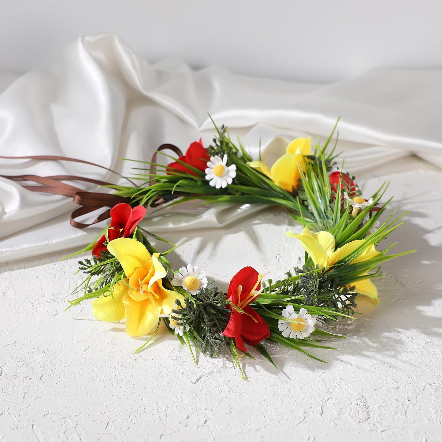 Hawaiian Flower Crown, Red Yellow Hawaii Floral Headpiece | Artificial Tropical Daisy Flower Headband with Ribbon, Women Summer Beach Hula Dance Costume Party Favors Supplies