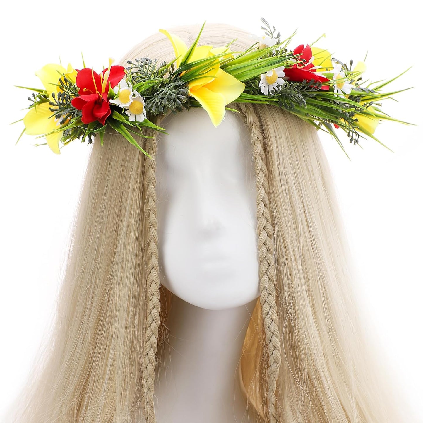 Hawaiian Flower Crown, Red Yellow Hawaii Floral Headpiece | Artificial Tropical Daisy Flower Headband with Ribbon, Women Summer Beach Hula Dance Costume Party Favors Supplies