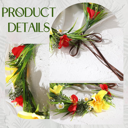Hawaiian Flower Crown, Red Yellow Hawaii Floral Headpiece | Artificial Tropical Daisy Flower Headband with Ribbon, Women Summer Beach Hula Dance Costume Party Favors Supplies