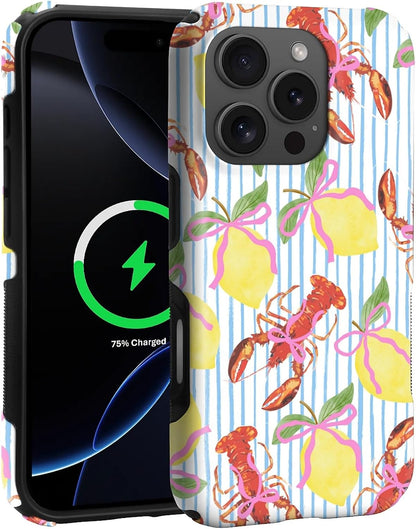 Magnetic Case for iPhone 16 Pro,Lobsters Lemons Pink Bows Stripes Design Upgrade Hybrid Dual Protection Soft TPU+Hard PC,Shockproof Anti-Scratch Cover Men Women Stylish Protective Phone Case