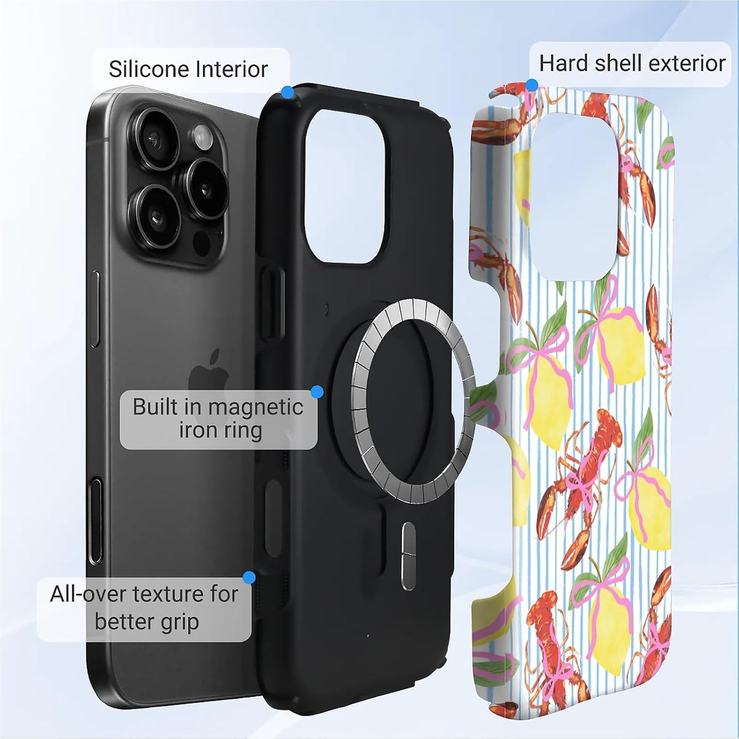 Magnetic Case for iPhone 16 Pro,Lobsters Lemons Pink Bows Stripes Design Upgrade Hybrid Dual Protection Soft TPU+Hard PC,Shockproof Anti-Scratch Cover Men Women Stylish Protective Phone Case