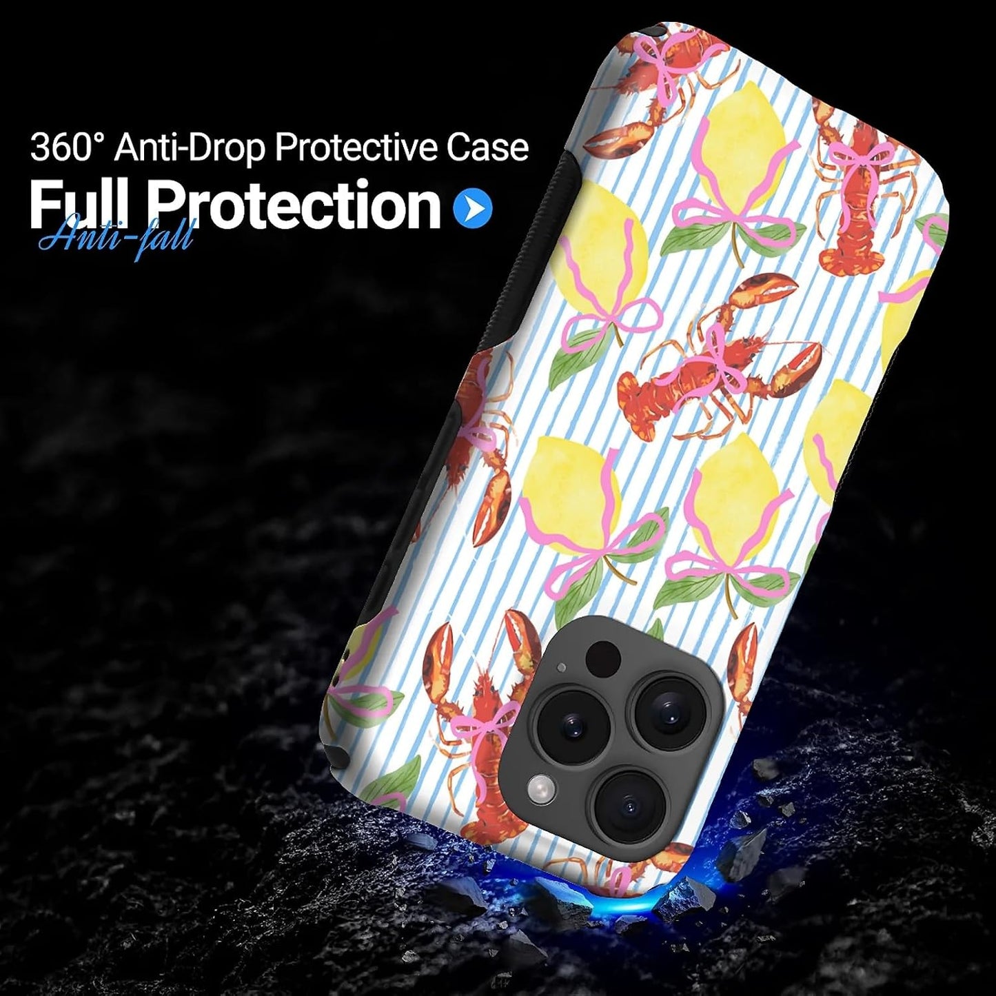 Magnetic Case for iPhone 16 Pro,Lobsters Lemons Pink Bows Stripes Design Upgrade Hybrid Dual Protection Soft TPU+Hard PC,Shockproof Anti-Scratch Cover Men Women Stylish Protective Phone Case