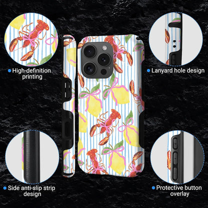 Magnetic Case for iPhone 16 Pro,Lobsters Lemons Pink Bows Stripes Design Upgrade Hybrid Dual Protection Soft TPU+Hard PC,Shockproof Anti-Scratch Cover Men Women Stylish Protective Phone Case