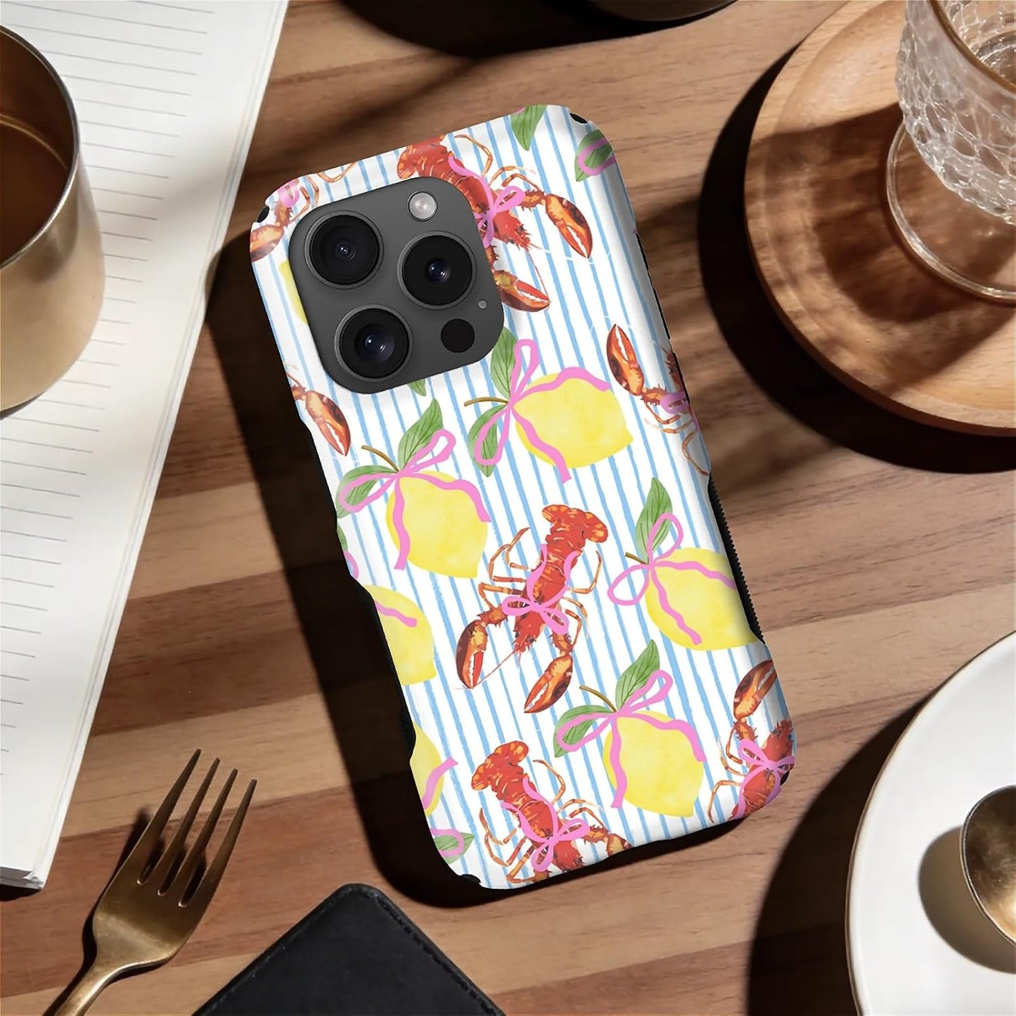 Magnetic Case for iPhone 16 Pro,Lobsters Lemons Pink Bows Stripes Design Upgrade Hybrid Dual Protection Soft TPU+Hard PC,Shockproof Anti-Scratch Cover Men Women Stylish Protective Phone Case