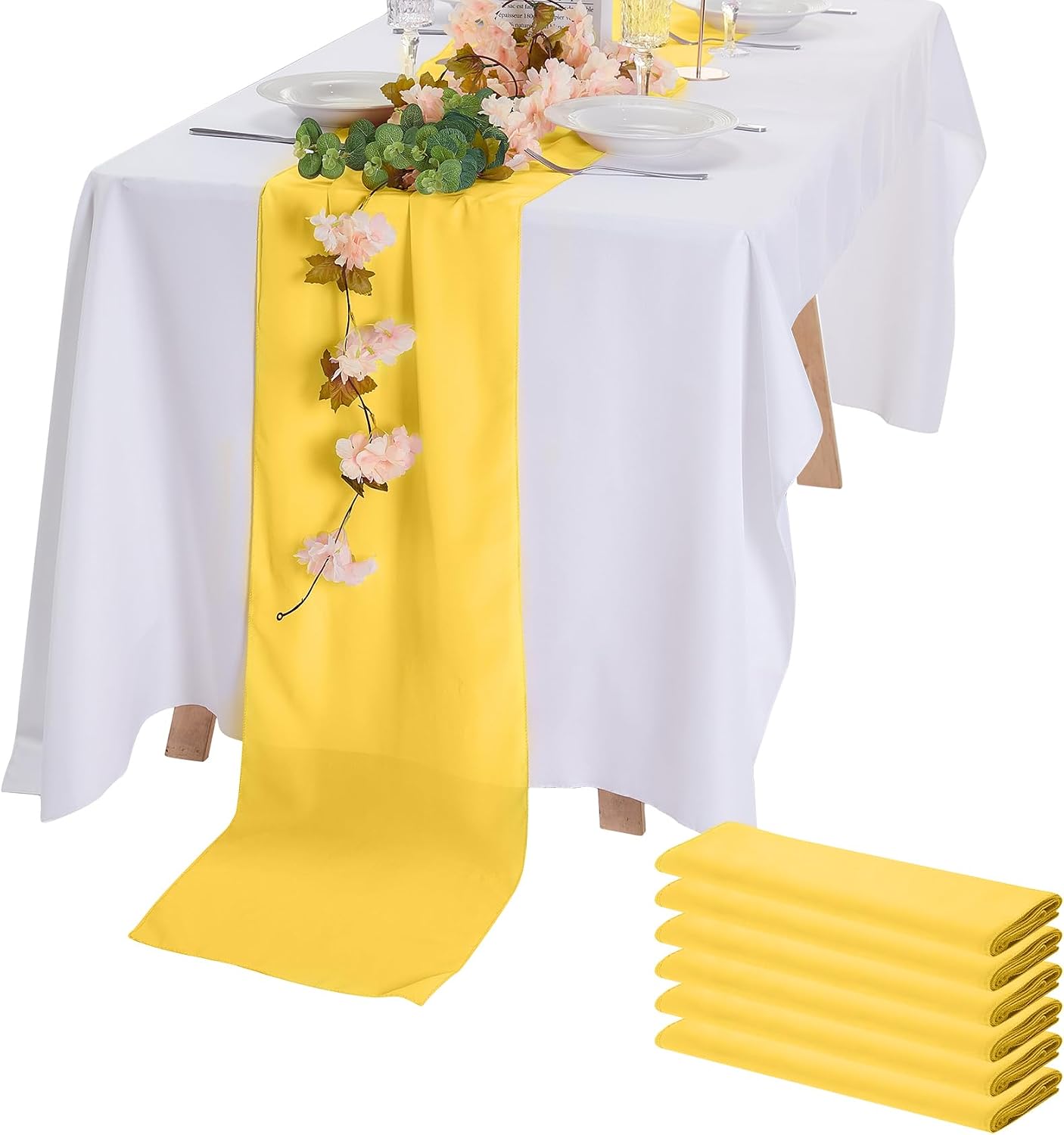 6pack Chiffon Table Runner 14X108 Inch Sheer Wedding Runner，Romantic Yellow Sheer Fabric for Wedding Decorations,Baby Shower and Birthday Party