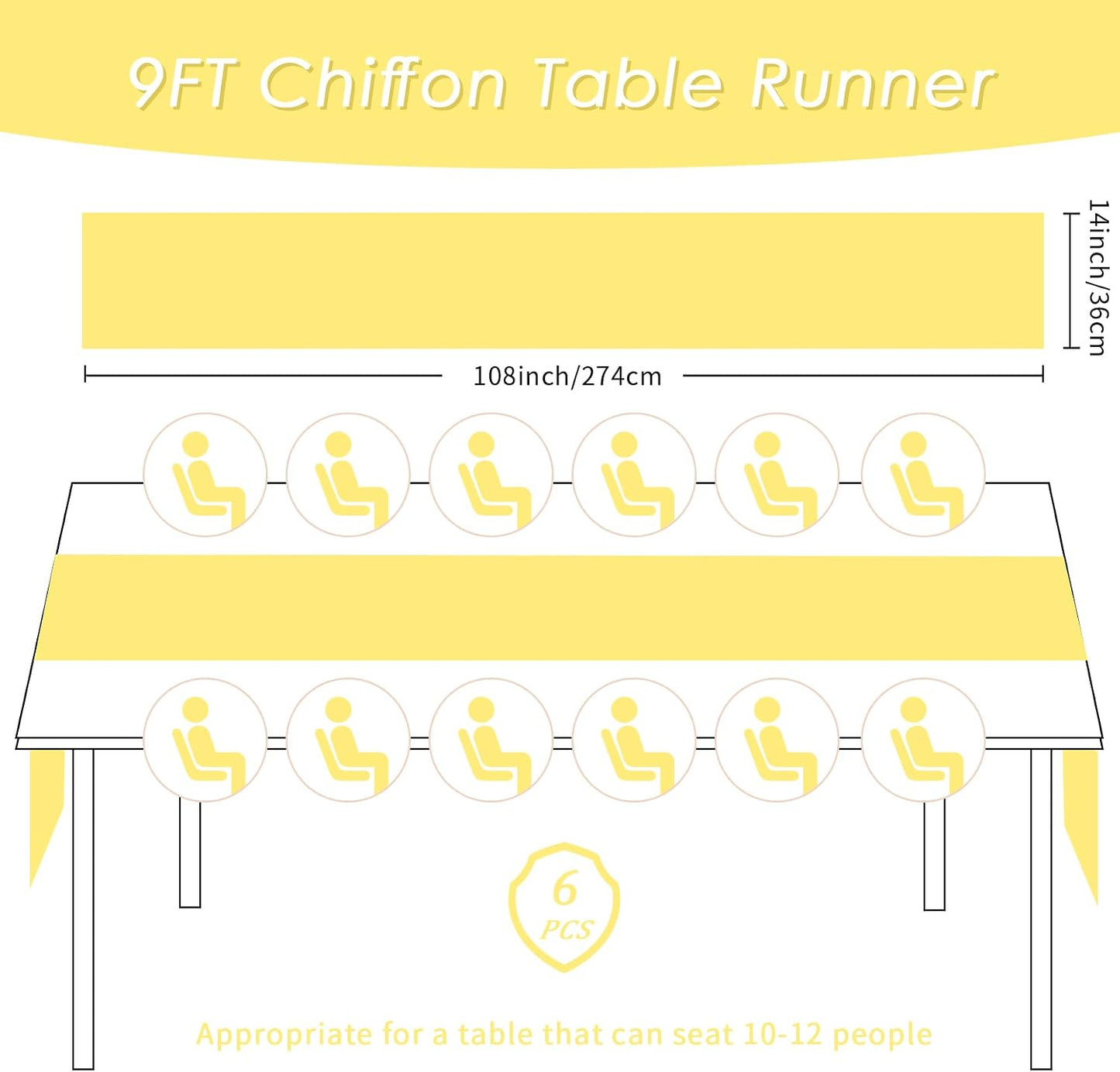 6pack Chiffon Table Runner 14X108 Inch Sheer Wedding Runner，Romantic Yellow Sheer Fabric for Wedding Decorations,Baby Shower and Birthday Party