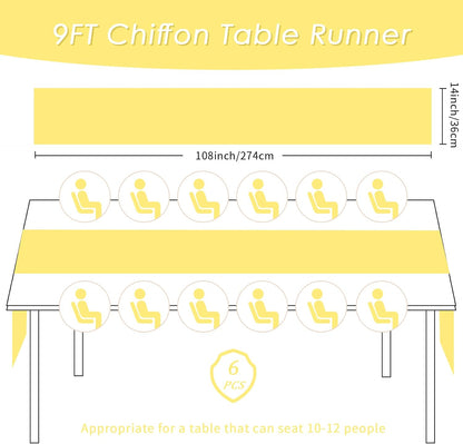 6pack Chiffon Table Runner 14X108 Inch Sheer Wedding Runner，Romantic Yellow Sheer Fabric for Wedding Decorations,Baby Shower and Birthday Party