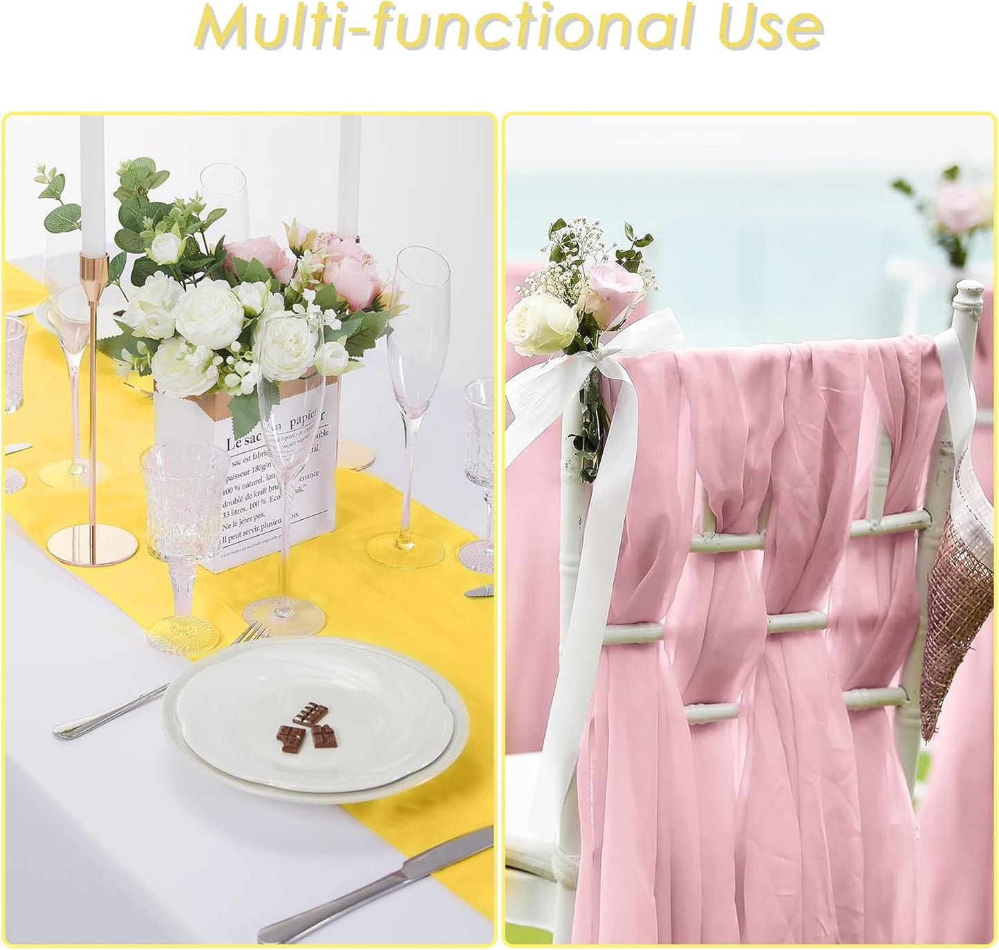 6pack Chiffon Table Runner 14X108 Inch Sheer Wedding Runner，Romantic Yellow Sheer Fabric for Wedding Decorations,Baby Shower and Birthday Party