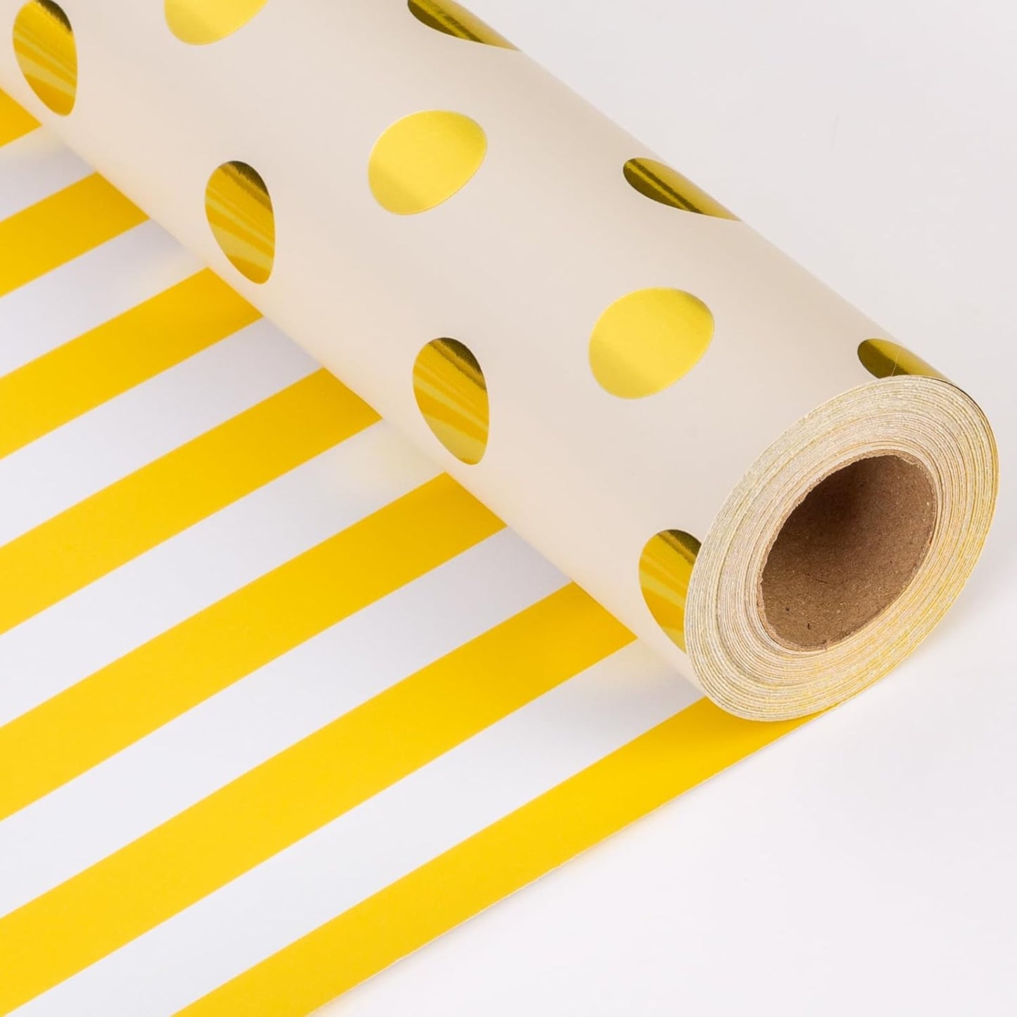 Gift Wrapping Paper Roll - 17 Inch X 33 Feet - Luxury Yellow Reversible Metallic Foil Gold Polka Dot with Stripe Design Gift Wrap for Birthday, Baby Shower, Weddings, Gender Reveal