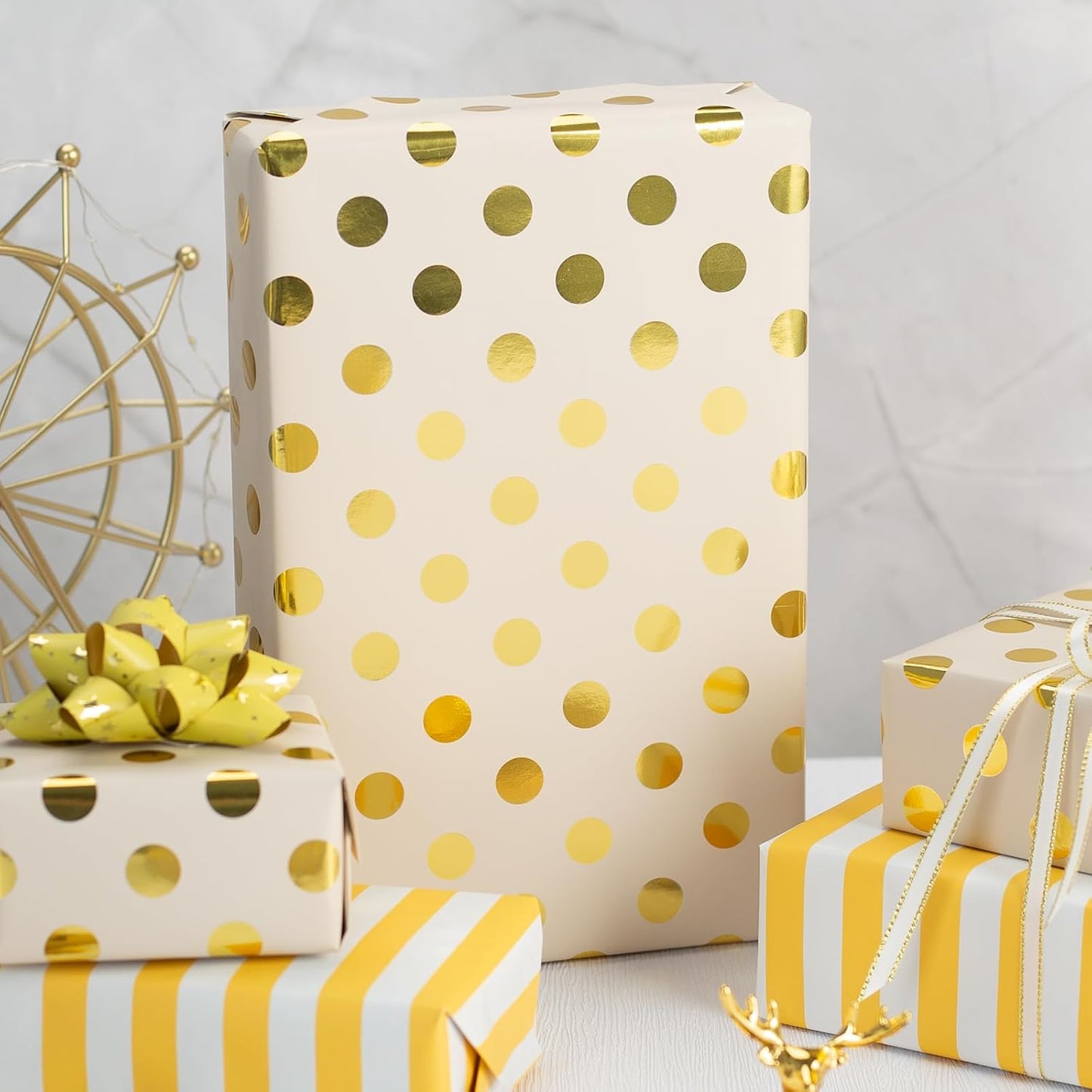 Gift Wrapping Paper Roll - 17 Inch X 33 Feet - Luxury Yellow Reversible Metallic Foil Gold Polka Dot with Stripe Design Gift Wrap for Birthday, Baby Shower, Weddings, Gender Reveal
