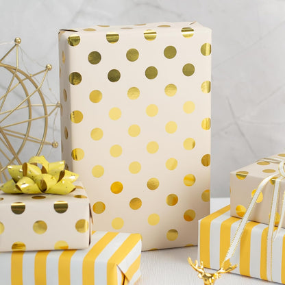 Gift Wrapping Paper Roll - 17 Inch X 33 Feet - Luxury Yellow Reversible Metallic Foil Gold Polka Dot with Stripe Design Gift Wrap for Birthday, Baby Shower, Weddings, Gender Reveal