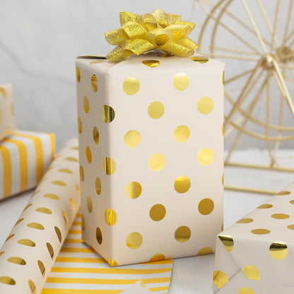 Gift Wrapping Paper Roll - 17 Inch X 33 Feet - Luxury Yellow Reversible Metallic Foil Gold Polka Dot with Stripe Design Gift Wrap for Birthday, Baby Shower, Weddings, Gender Reveal
