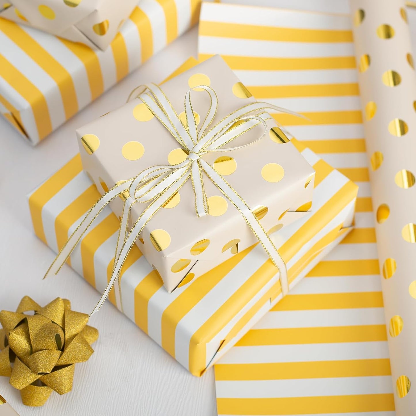 Gift Wrapping Paper Roll - 17 Inch X 33 Feet - Luxury Yellow Reversible Metallic Foil Gold Polka Dot with Stripe Design Gift Wrap for Birthday, Baby Shower, Weddings, Gender Reveal
