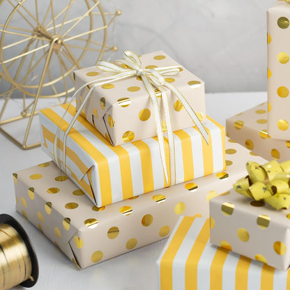 Gift Wrapping Paper Roll - 17 Inch X 33 Feet - Luxury Yellow Reversible Metallic Foil Gold Polka Dot with Stripe Design Gift Wrap for Birthday, Baby Shower, Weddings, Gender Reveal