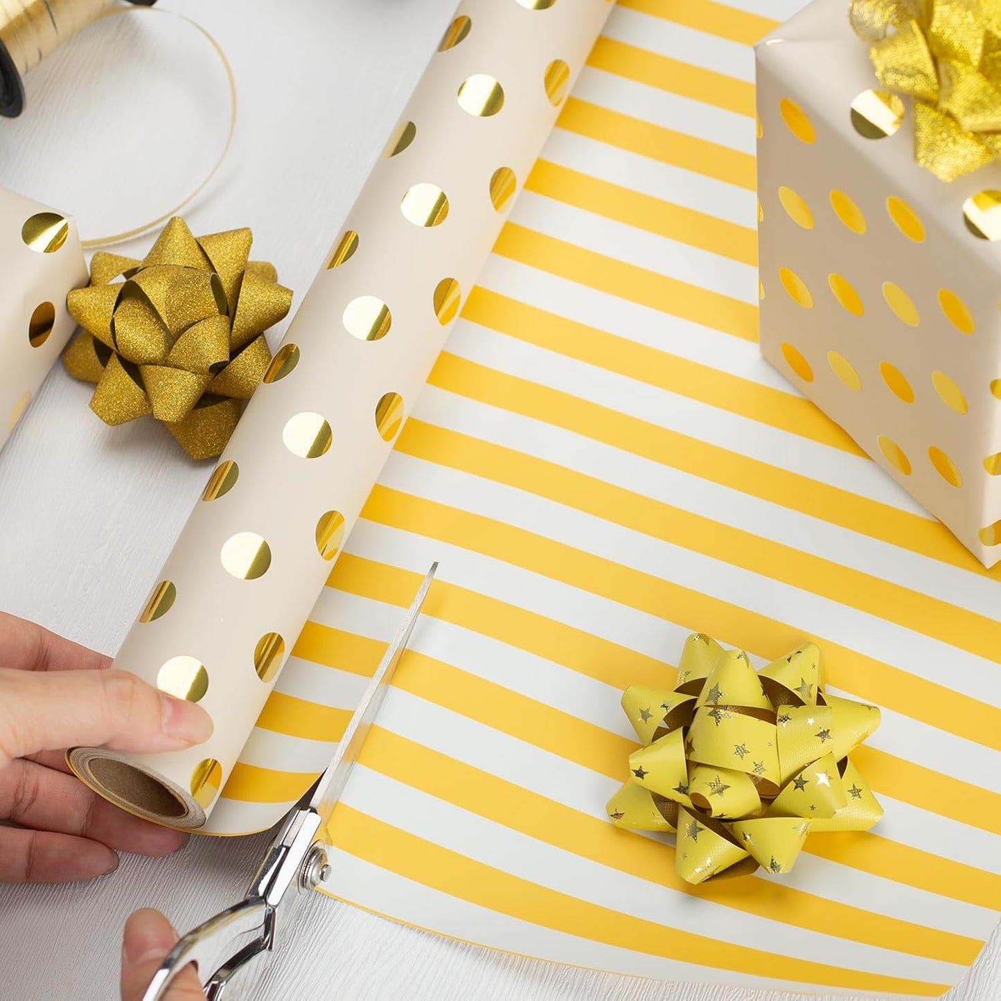 Gift Wrapping Paper Roll - 17 Inch X 33 Feet - Luxury Yellow Reversible Metallic Foil Gold Polka Dot with Stripe Design Gift Wrap for Birthday, Baby Shower, Weddings, Gender Reveal