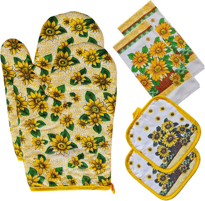 Oven Mitts and Pot Holders 6pcs Set, Yellow Sunflower Dish Towels Gloves-Oven Mitts Sunflower Dish Cloths Linen Set Heat Resistant BBQ Gloves for Kitchen Baking Cooking Grilling Microwave