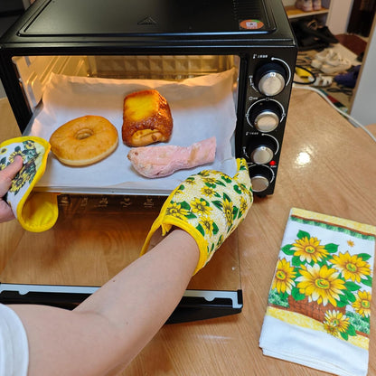 Oven Mitts and Pot Holders 6pcs Set, Yellow Sunflower Dish Towels Gloves-Oven Mitts Sunflower Dish Cloths Linen Set Heat Resistant BBQ Gloves for Kitchen Baking Cooking Grilling Microwave