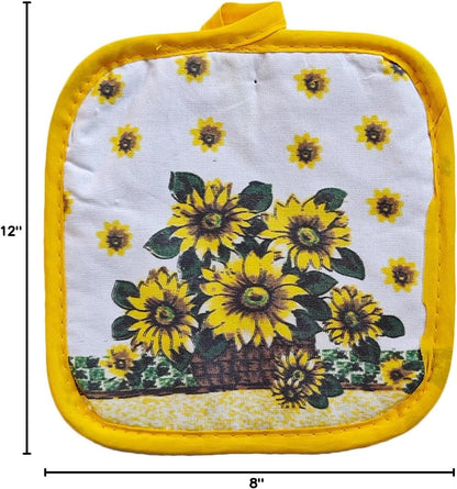 Oven Mitts and Pot Holders 6pcs Set, Yellow Sunflower Dish Towels Gloves-Oven Mitts Sunflower Dish Cloths Linen Set Heat Resistant BBQ Gloves for Kitchen Baking Cooking Grilling Microwave