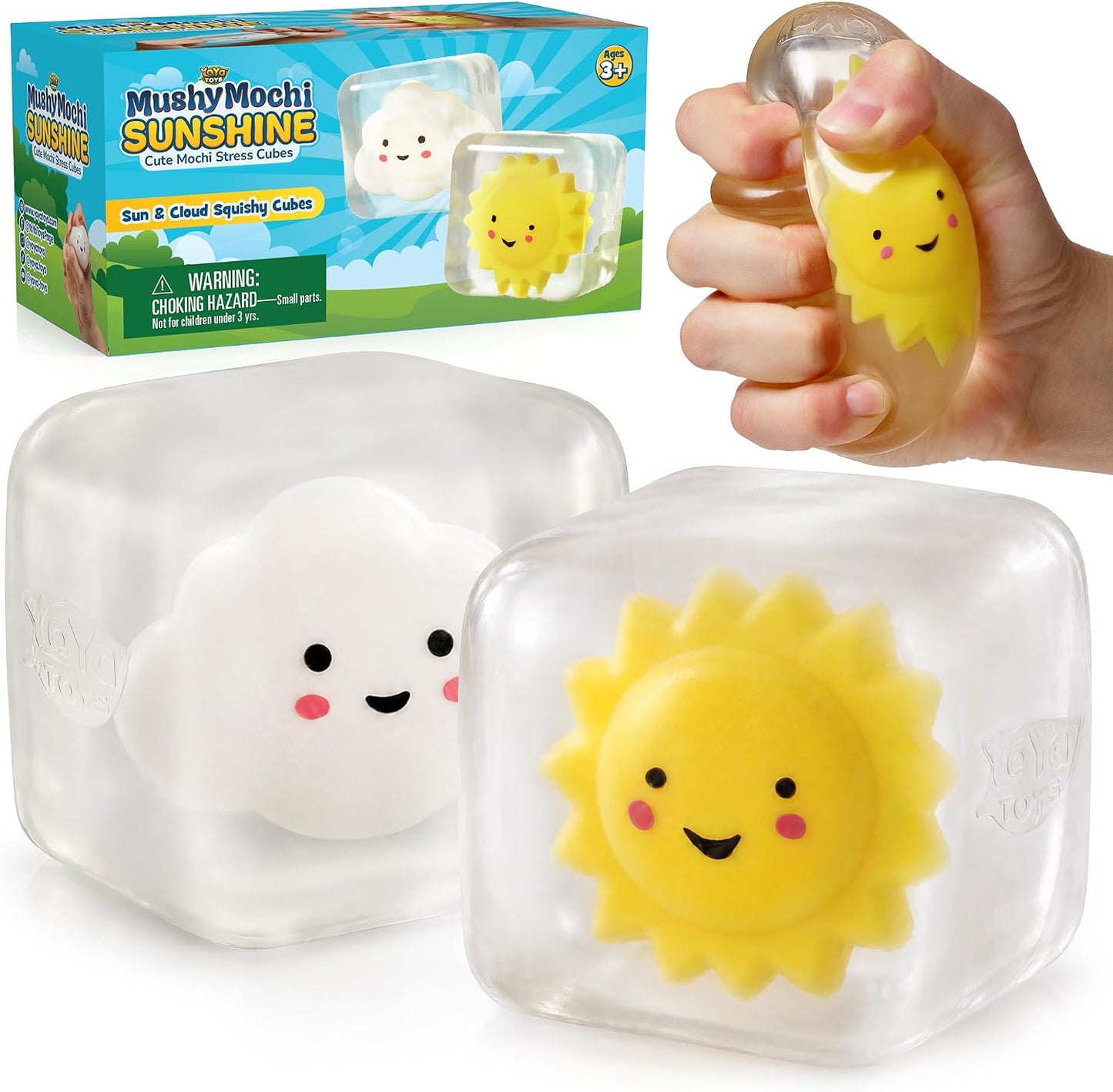 MushyMochi Sunshine – Squishy Cubes 2-Pack – Fidget Cube Stress Balls With Mochi Sun & Cloud – Cute Kawaii Squishies for Kids – Stretch & Squeeze Calming Sensory Toy – Nice Gift Boys & Girls