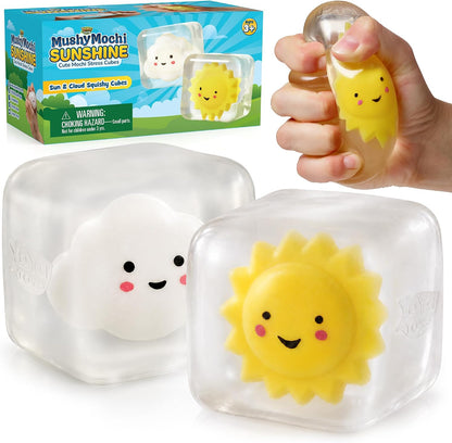 MushyMochi Sunshine – Squishy Cubes 2-Pack – Fidget Cube Stress Balls With Mochi Sun & Cloud – Cute Kawaii Squishies for Kids – Stretch & Squeeze Calming Sensory Toy – Nice Gift Boys & Girls