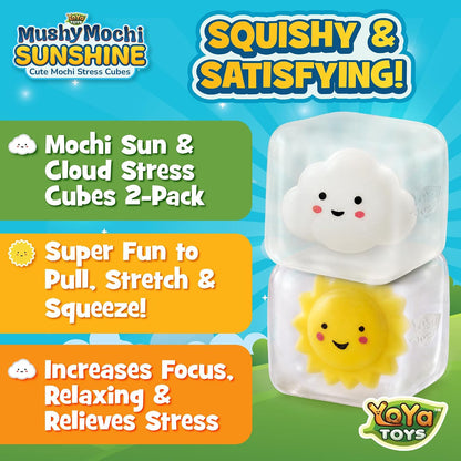 MushyMochi Sunshine – Squishy Cubes 2-Pack – Fidget Cube Stress Balls With Mochi Sun & Cloud – Cute Kawaii Squishies for Kids – Stretch & Squeeze Calming Sensory Toy – Nice Gift Boys & Girls