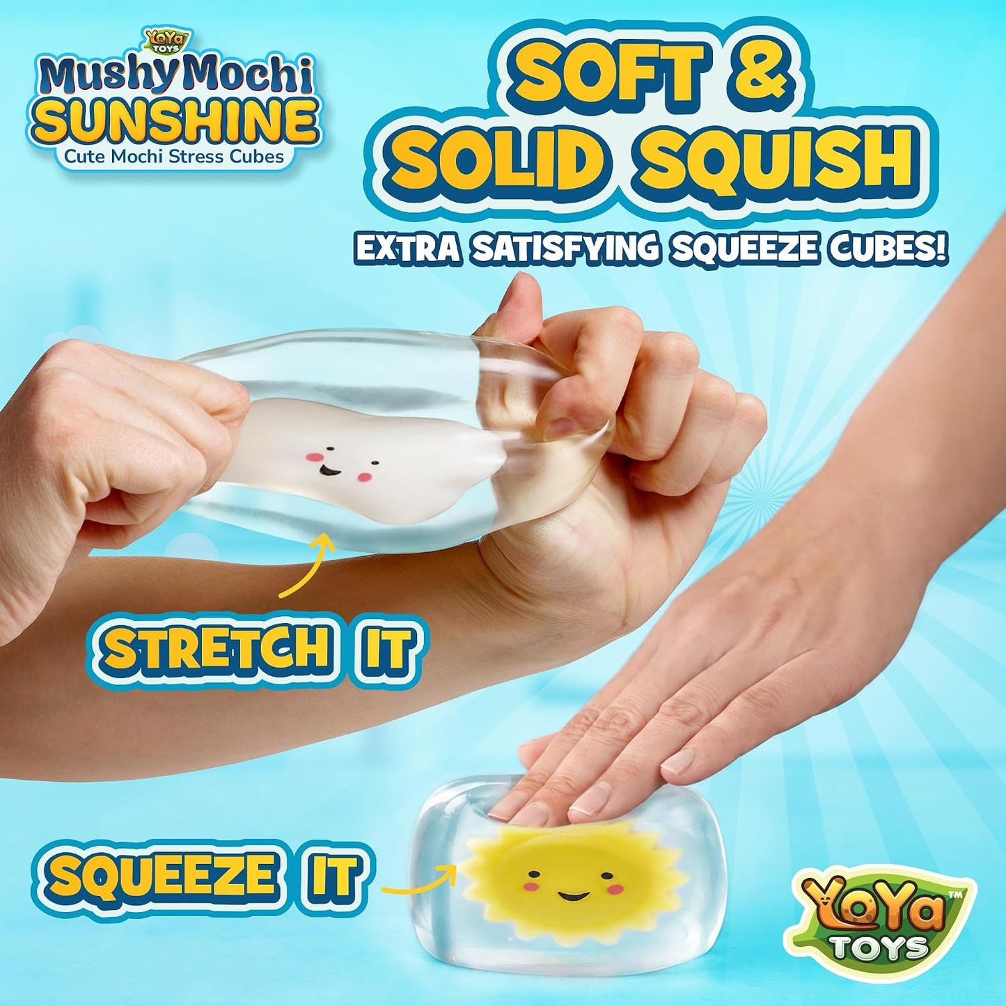 MushyMochi Sunshine – Squishy Cubes 2-Pack – Fidget Cube Stress Balls With Mochi Sun & Cloud – Cute Kawaii Squishies for Kids – Stretch & Squeeze Calming Sensory Toy – Nice Gift Boys & Girls