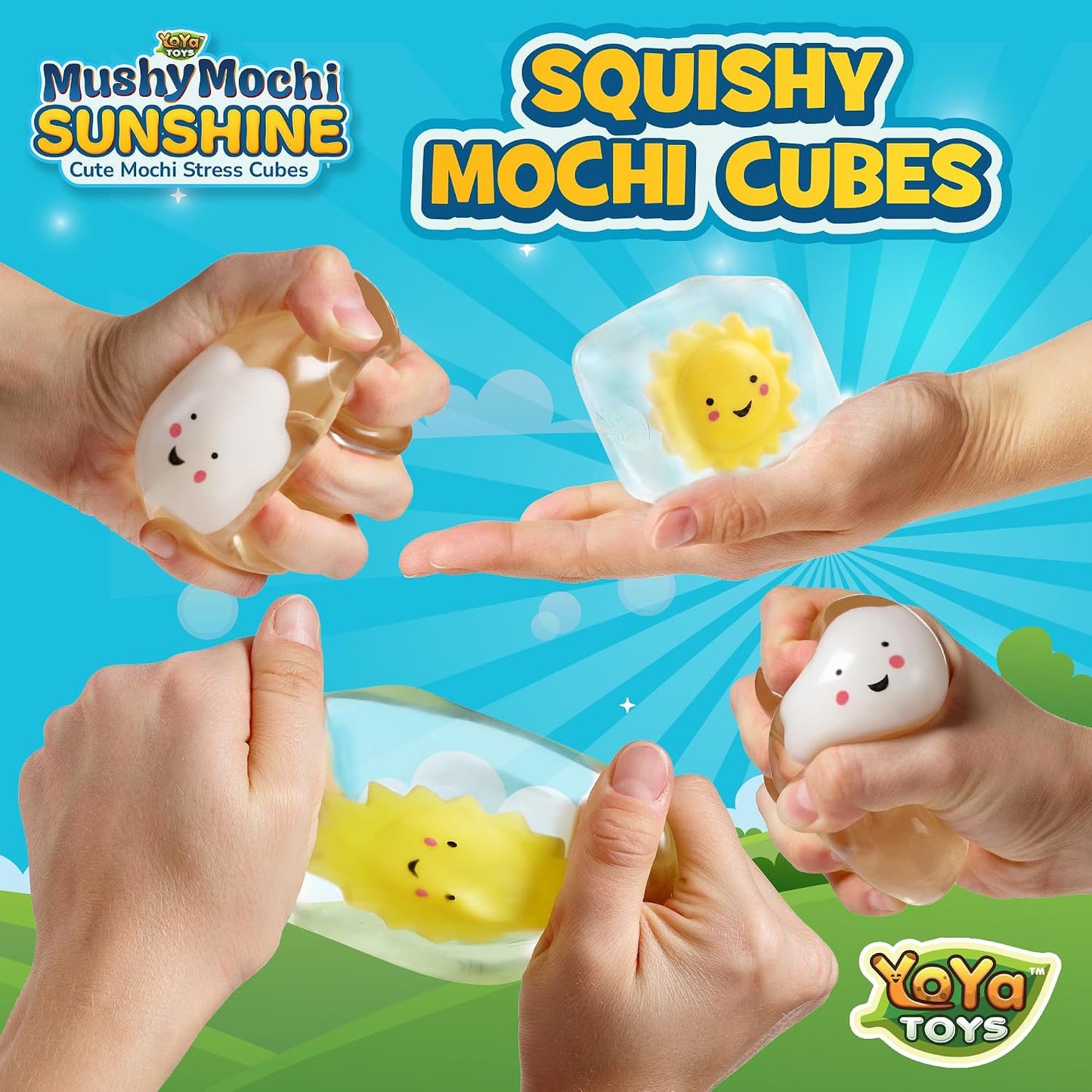MushyMochi Sunshine – Squishy Cubes 2-Pack – Fidget Cube Stress Balls With Mochi Sun & Cloud – Cute Kawaii Squishies for Kids – Stretch & Squeeze Calming Sensory Toy – Nice Gift Boys & Girls