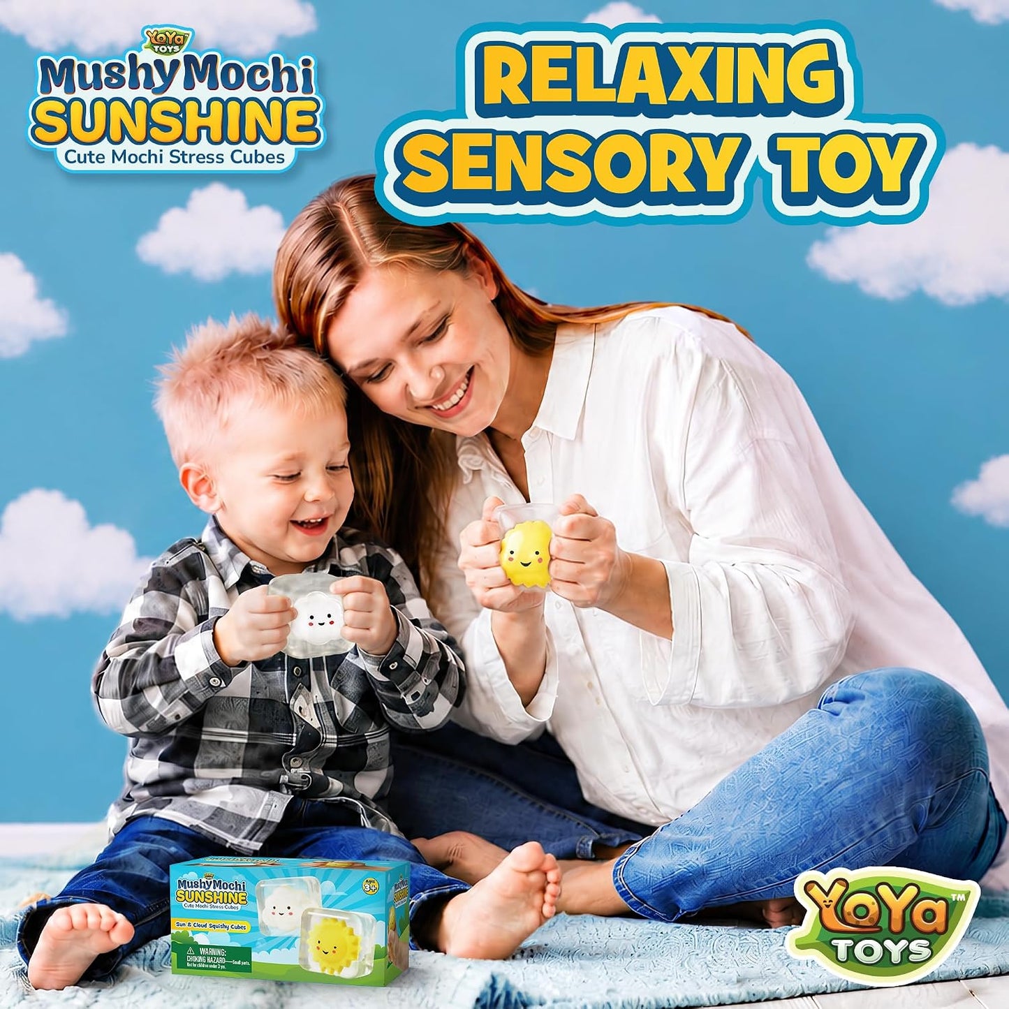 MushyMochi Sunshine – Squishy Cubes 2-Pack – Fidget Cube Stress Balls With Mochi Sun & Cloud – Cute Kawaii Squishies for Kids – Stretch & Squeeze Calming Sensory Toy – Nice Gift Boys & Girls
