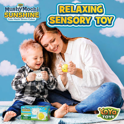 MushyMochi Sunshine – Squishy Cubes 2-Pack – Fidget Cube Stress Balls With Mochi Sun & Cloud – Cute Kawaii Squishies for Kids – Stretch & Squeeze Calming Sensory Toy – Nice Gift Boys & Girls