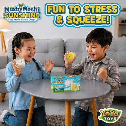 MushyMochi Sunshine – Squishy Cubes 2-Pack – Fidget Cube Stress Balls With Mochi Sun & Cloud – Cute Kawaii Squishies for Kids – Stretch & Squeeze Calming Sensory Toy – Nice Gift Boys & Girls