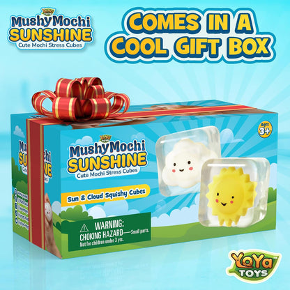 MushyMochi Sunshine – Squishy Cubes 2-Pack – Fidget Cube Stress Balls With Mochi Sun & Cloud – Cute Kawaii Squishies for Kids – Stretch & Squeeze Calming Sensory Toy – Nice Gift Boys & Girls