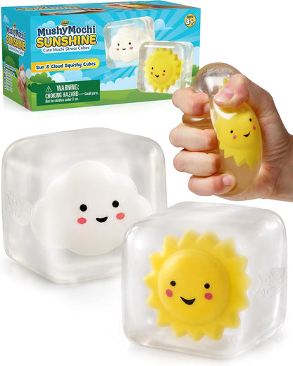 MushyMochi Sunshine – Squishy Cubes 2-Pack – Fidget Cube Stress Balls With Mochi Sun & Cloud – Cute Kawaii Squishies for Kids – Stretch & Squeeze Calming Sensory Toy – Nice Gift Boys & Girls