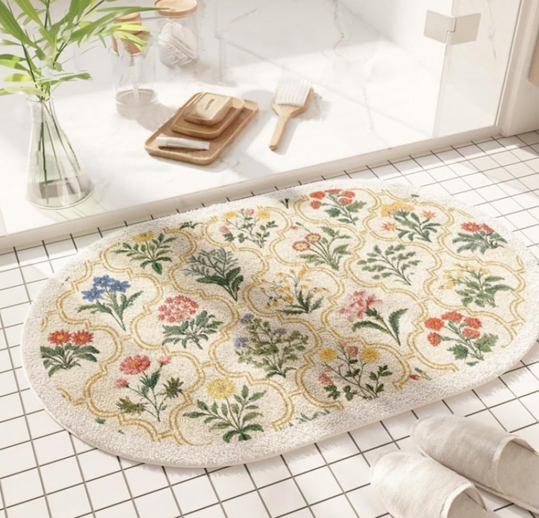 Spring Floral Bathroom Rug 32" x 20" Wild Flowers Bathroom Mat Boho Floral Bath Rug (Oval, Yellow)