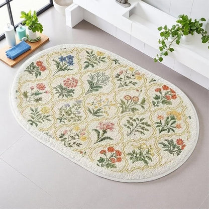 Spring Floral Bathroom Rug 32" x 20" Wild Flowers Bathroom Mat Boho Floral Bath Rug (Oval, Yellow)