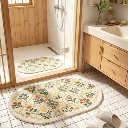 Spring Floral Bathroom Rug 32" x 20" Wild Flowers Bathroom Mat Boho Floral Bath Rug (Oval, Yellow)