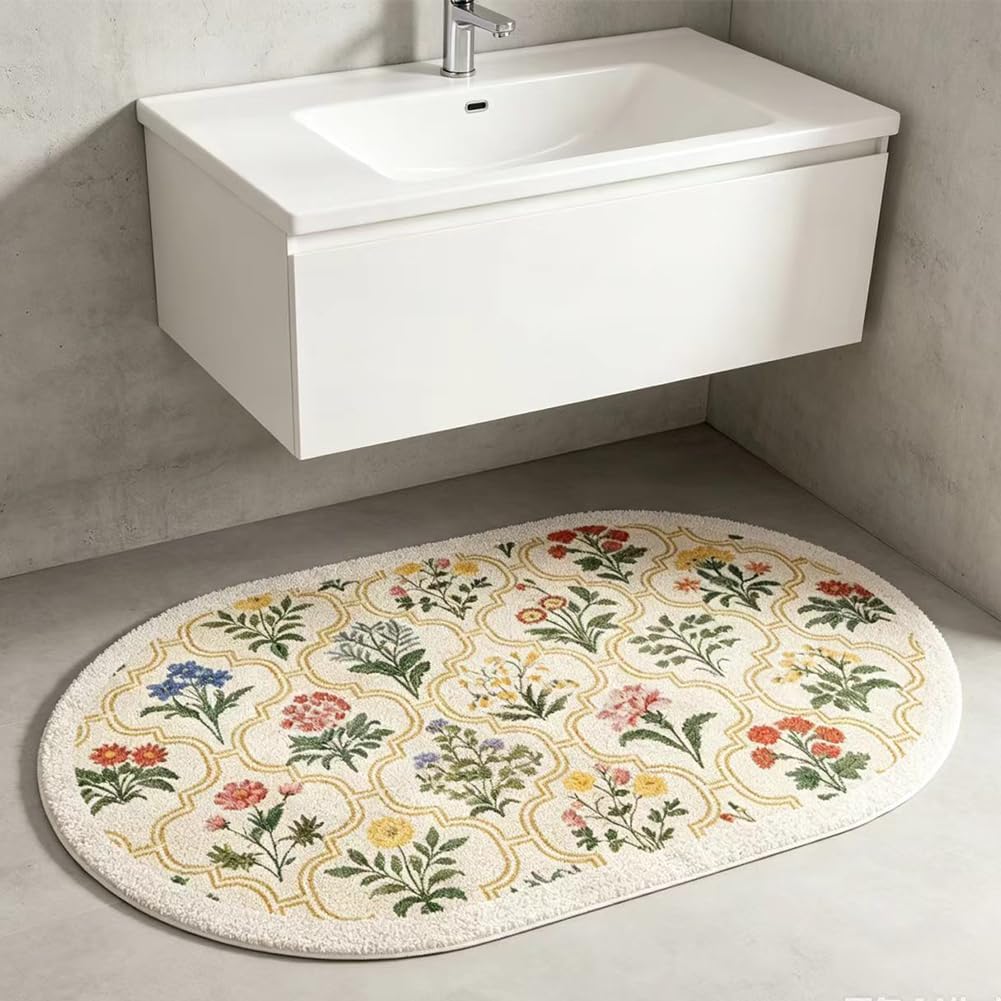 Spring Floral Bathroom Rug 32" x 20" Wild Flowers Bathroom Mat Boho Floral Bath Rug (Oval, Yellow)