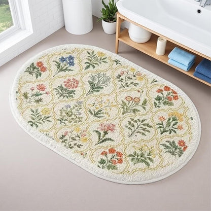 Spring Floral Bathroom Rug 32" x 20" Wild Flowers Bathroom Mat Boho Floral Bath Rug (Oval, Yellow)