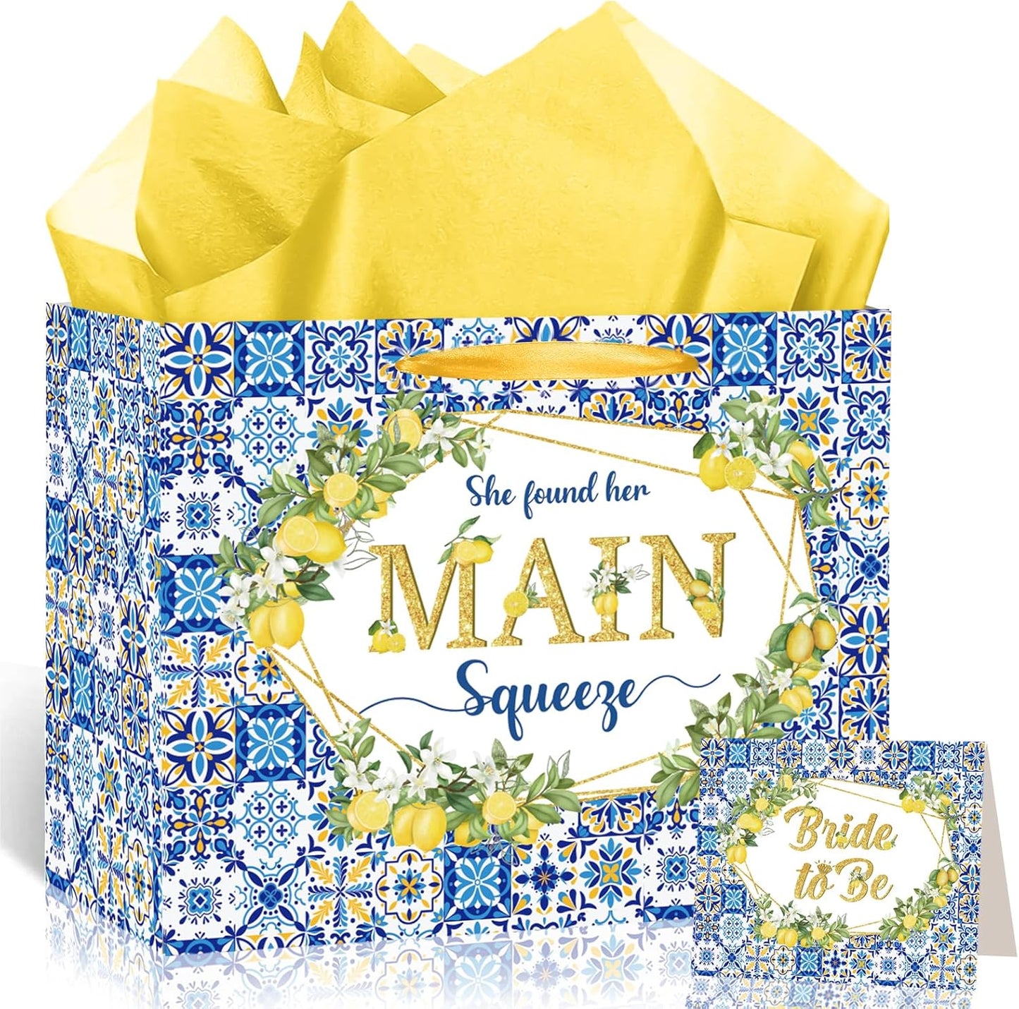 Capri Lemon Bridal Shower Gift Bags She Found Her Main Squeeze Party Favors Bags with Tissue Paper Greeting Card Blue Tiles Yellow Lemon Paper Bag for Lemon Bridal Shower Engagement Party Decorations