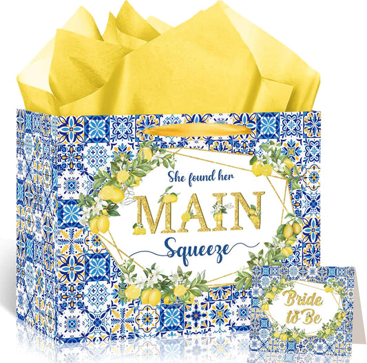 Capri Lemon Bridal Shower Gift Bags She Found Her Main Squeeze Party Favors Bags with Tissue Paper Greeting Card Blue Tiles Yellow Lemon Paper Bag for Lemon Bridal Shower Engagement Party Decorations