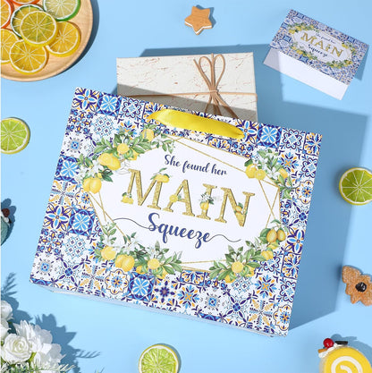 Capri Lemon Bridal Shower Gift Bags She Found Her Main Squeeze Party Favors Bags with Tissue Paper Greeting Card Blue Tiles Yellow Lemon Paper Bag for Lemon Bridal Shower Engagement Party Decorations