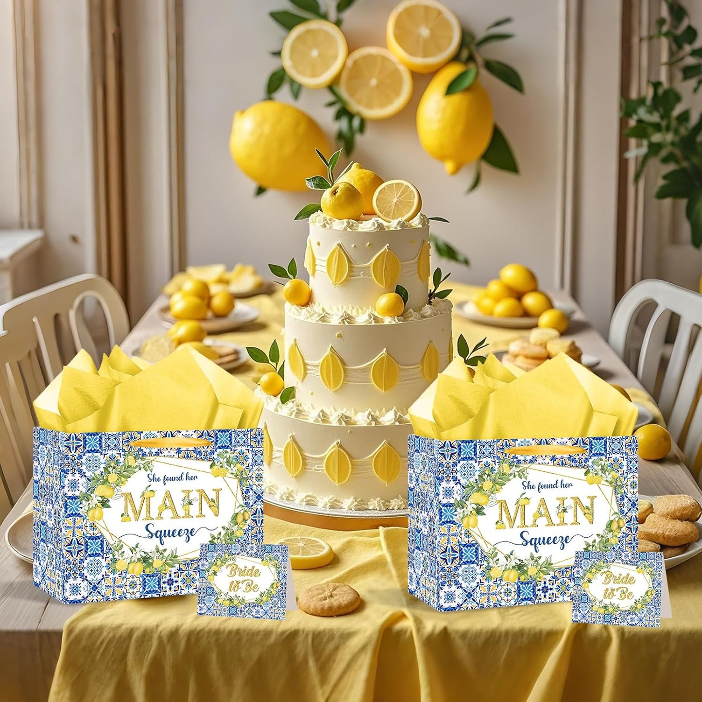 Capri Lemon Bridal Shower Gift Bags She Found Her Main Squeeze Party Favors Bags with Tissue Paper Greeting Card Blue Tiles Yellow Lemon Paper Bag for Lemon Bridal Shower Engagement Party Decorations