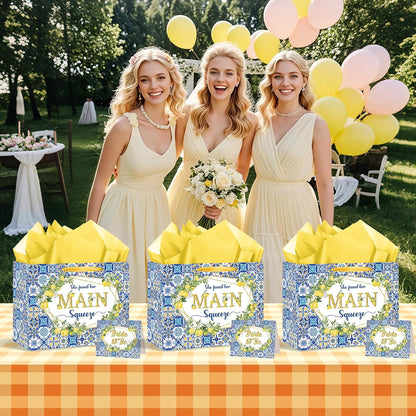 Capri Lemon Bridal Shower Gift Bags She Found Her Main Squeeze Party Favors Bags with Tissue Paper Greeting Card Blue Tiles Yellow Lemon Paper Bag for Lemon Bridal Shower Engagement Party Decorations