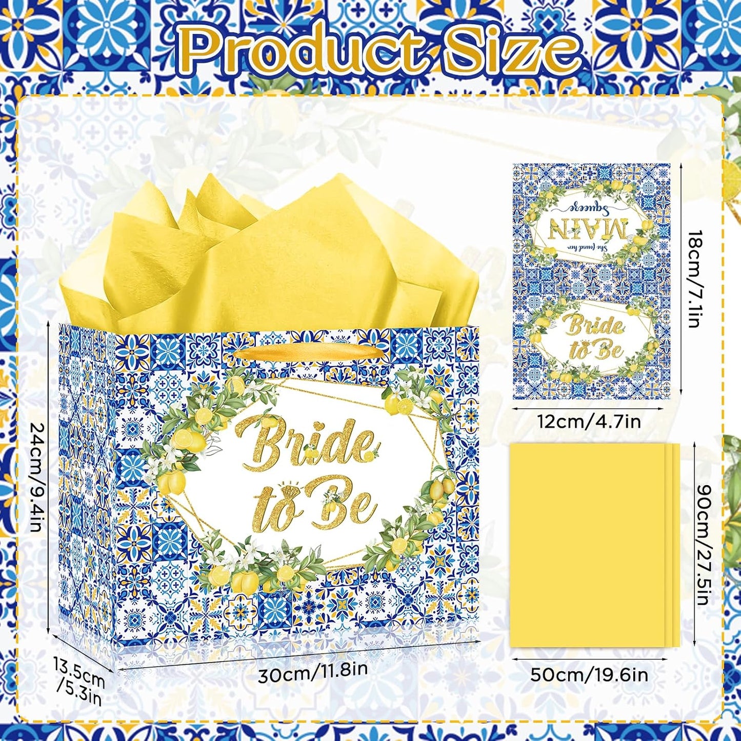 Capri Lemon Bridal Shower Gift Bags She Found Her Main Squeeze Party Favors Bags with Tissue Paper Greeting Card Blue Tiles Yellow Lemon Paper Bag for Lemon Bridal Shower Engagement Party Decorations