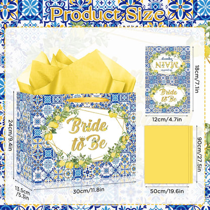 Capri Lemon Bridal Shower Gift Bags She Found Her Main Squeeze Party Favors Bags with Tissue Paper Greeting Card Blue Tiles Yellow Lemon Paper Bag for Lemon Bridal Shower Engagement Party Decorations