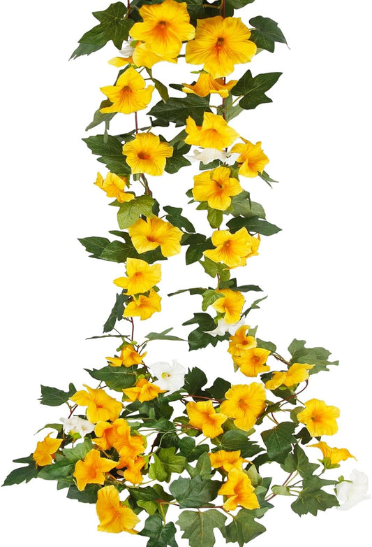 2 Pcs Artificial Vines for Outdoors Silk Morning Glory Garland 11.5 Ft Hanging Flowers Plants Yellow and White Fake Petunias Vines for Indoor Home Decor Wall Fence Mantle Stairway Mailbox