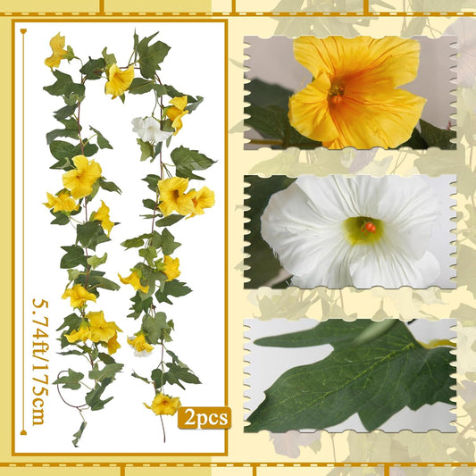 2 Pcs Artificial Vines for Outdoors Silk Morning Glory Garland 11.5 Ft Hanging Flowers Plants Yellow and White Fake Petunias Vines for Indoor Home Decor Wall Fence Mantle Stairway Mailbox