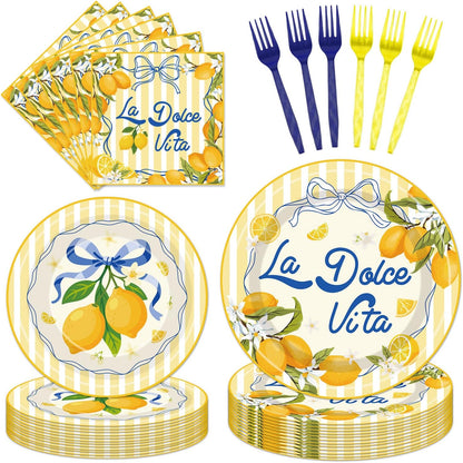 96Pcs La Dolce Vita Paper Plates Napkins Forks Lemon Citrus Party Tableware for Italian Summer Theme Girls Weekend Bachelorette Supplies Serve 24 Guests