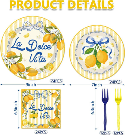 96Pcs La Dolce Vita Paper Plates Napkins Forks Lemon Citrus Party Tableware for Italian Summer Theme Girls Weekend Bachelorette Supplies Serve 24 Guests